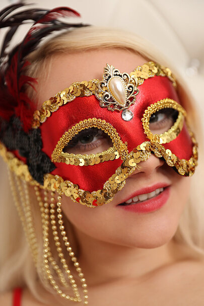 Blonde Teases With Mask And Toy On White Chair 00